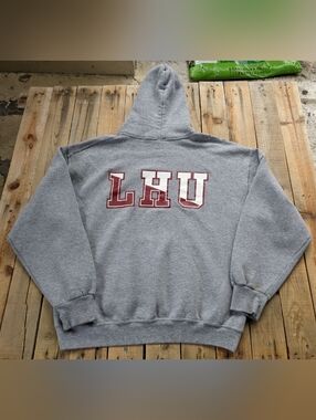 Russell Athletic Gray Pullover Hoodie with Blue and Red Logo Tag